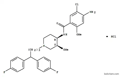 Molecular Structure of 104860-61-9 (4-amino-N-{(3S,4R)-1-[4,4-bis(4-fluorophenyl)butyl]-3-methoxypiperidin-4-yl}-5-chloro-2-methoxybenzamide hydrochloride (1:1))