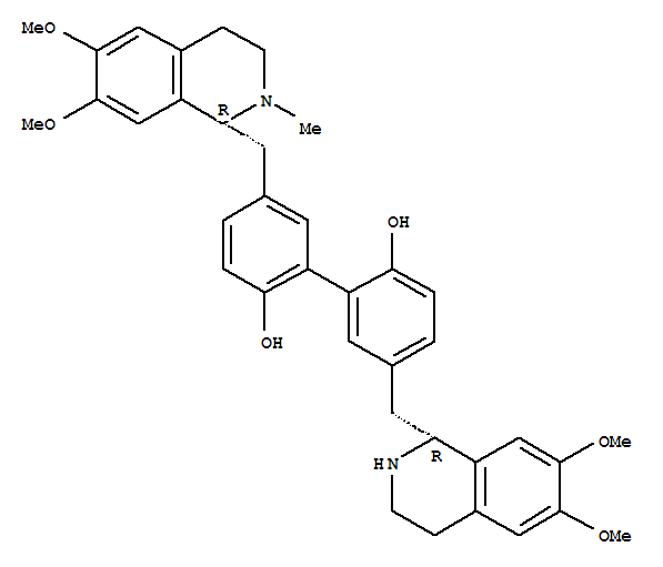 Molecular Structure of 107882-08-6 ([1,1'-Biphenyl]-2,2'-diol,5-[[(1R)-1,2,3,4-tetrahydro-6,7-dimethoxy-1-isoquinolinyl]methyl]-5'-[[(1R)-1,2,3,4-tetrahydro-6,7-dimethoxy-2-methyl-1-isoquinolinyl]methyl]-)