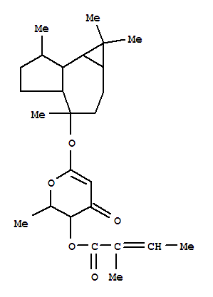 Molecular Structure of 111515-73-2 (D-threo-Hex-1-enopyranosid-3-ulose,(1aR,4S,4aS,7R,7aS,7bS)-decahydro-1,1,4,7-tetramethyl-1H-cycloprop[e]azulen-4-yl2,6-dideoxy-, (2Z)-2-methyl-2-butenoate (9CI))