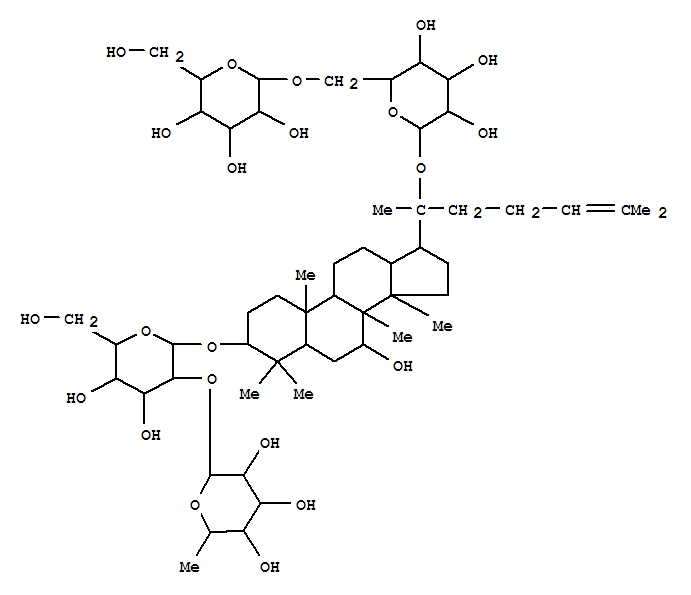 Molecular Structure of 120727-81-3 (b-D-Glucopyranoside, (3b,7b)-20-[(6-O-b-D-glucopyranosyl-b-D-glucopyranosyl)oxy]-7-hydroxydammar-24-en-3-yl2-O-(6-deoxy-a-L-mannopyranosyl)-(9CI))
