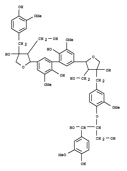 Molecular Structure of 126176-89-4 ([1,1'-Biphenyl]-2,2'-diol,3,3'-dimethoxy-5-[tetrahydro-4-hydroxy-4-[[4-[2-hydroxy-2-(4-hydroxy-3-methoxyphenyl)-1-(hydroxymethyl)ethoxy]-3-methoxyphenyl]methyl]-3-(hydroxymethyl)-2-furanyl]-5'-[tetrahydro-4-hydroxy-4-[(4-hydroxy-3-methoxyphenyl)methyl]-3-(hydroxymethyl)-2-furanyl]-,stereoisomer)