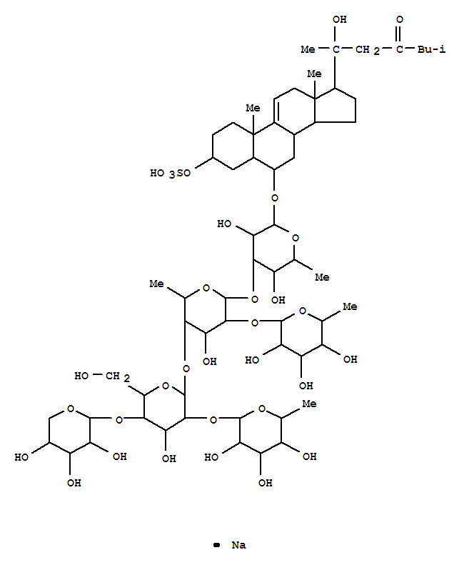 Molecular Structure of 128885-04-1 (Cholest-9(11)-en-23-one,6-[(O-a-L-arabinopyranosyl-(1®4)-O-[6-deoxy-b-D-galactopyranosyl-(1®2)]-O-b-D-glucopyranosyl-(1®4)-O-[6-deoxy-b-D-glucopyranosyl-(1®2)]-O-6-deoxy-b-D-glucopyranosyl-(1®3)-6-deoxy-b-D-glucopyranosyl)oxy]-20-hydroxy-3-(sulfooxy)-,monosodium salt, (3b,5a,6a,20S)- (9CI))