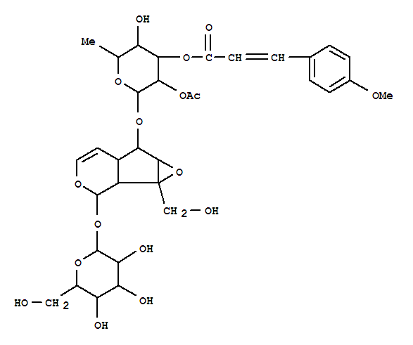 Molecular Structure of 140187-13-9 (b-D-Glucopyranoside,(1aS,1bS,2R,5aR,6S,6aS)-6-[[2-O-acetyl-6-deoxy-3-O-[(2E)-3-(4-methoxyphenyl)-1-oxo-2-propen-1-yl]-a-L-mannopyranosyl]oxy]-1a,1b,2,5a,6,6a-hexahydro-1a-(hydroxymethyl)oxireno[4,5]cyclopenta[1,2-c]pyran-2-yl)
