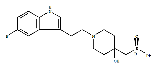Molecular Structure of 151191-90-1 (4-Piperidinol,1-[2-(5-fluoro-1H-indol-3-yl)ethyl]-4-[[(R)-phenylsulfinyl]methyl]-)