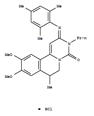 108445-58-5,(2E)-9,10-dimethoxy-7-methyl-3-propyl-2-[(2,4,6-trimethylphenyl)imino]-2,3,6,7-tetrahydro-4H-pyrimido[6,1-a]isoquinolin-4-one hydrochloride,4H-Pyrimido[6,1-a]isoquinolin-4-one,2,3,6,7-tetrahydro-9,10-dimethoxy-7-methyl-3-propyl-2-[(2,4,6-trimethylphenyl)imino]-,monohydrochloride (9CI); 4H-Pyrimido[6,1-a]isoquinolin-4-one,2,3,6,7-tetrahydro-9,10-dimethoxy-7-methyl-3-propyl-2-[(2,4,6-trimethylphenyl)imino]-,monohydrochloride, (?à)-