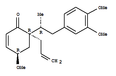 117505-92-7,2-Cyclohexen-1-one,6-[(1R)-2-(3,4-dimethoxyphenyl)-1-methylethyl]-4-methoxy-6-(2-propen-1-yl)-,(4R,6R)-,2-Cyclohexen-1-one,6-[(1R)-2-(3,4-dimethoxyphenyl)-1-methylethyl]-4-methoxy-6-(2-propenyl)-,(4R,6R)- (9CI); 2-Cyclohexen-1-one,6-[2-(3,4-dimethoxyphenyl)-1-methylethyl]-4-methoxy-6-(2-propenyl)-, [4R-[4a,6a(R*)]]-; Triandrin B