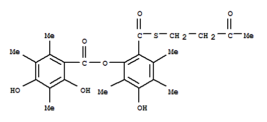 Molecular Structure of 126381-97-3 (Benzoic acid,2,4-dihydroxy-3,5,6-trimethyl-,3-hydroxy-2,4,5-trimethyl-6-[[(3-oxobutyl)thio]carbonyl]phenyl ester)