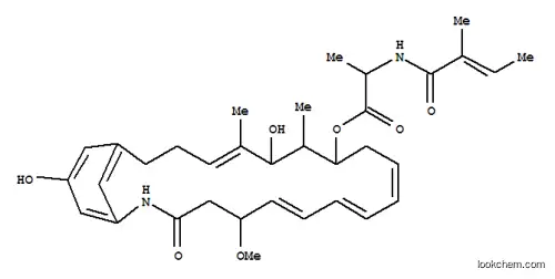 Molecular Structure of 134861-29-3 (D-Alanine,N-[(2E)-2-methyl-1-oxo-2-buten-1-yl]-,(5R,6E,8E,10E,13S,14R,15R,16Z)-15,22-dihydroxy-5-methoxy-14,16-dimethyl-3-oxo-2-azabicyclo[18.3.1]tetracosa-1(24),6,8,10,16,20,22-heptaen-13-ylester)