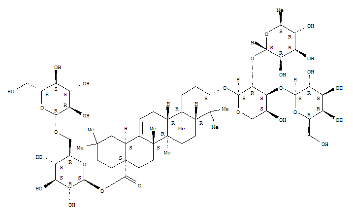 Molecular Structure of 150107-42-9 (Olean-12-en-28-oicacid, 3-[(O-6-deoxy-a-L-mannopyranosyl-(1®2)-O-[b-D-galactopyranosyl-(1®3)]-a-L-arabinopyranosyl)oxy]-, 6-O-b-D-glucopyranosyl-b-D-glucopyranosyl ester, (3b)- (9CI))