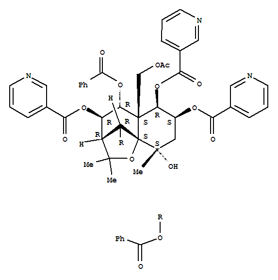 Molecular Structure of 152340-55-1 (3-Pyridinecarboxylicacid,(3R,4R,5R,5aS,6R,7S,9S,9aS,10R)-5a-[(acetyloxy)methyl]-5,10-bis(benzoyloxy)octahydro-9-hydroxy-2,2,9-trimethyl-2H-3,9a-methano-1-benzoxepin-4,6,7-triylester (9CI))