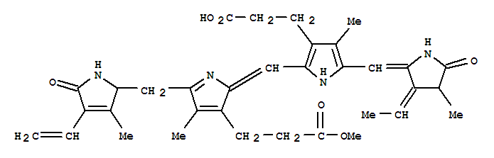 Molecular Structure of 15265-71-1 (21H-Biline-8,12-dipropanoicacid,18-ethenyl-3-ethylidene-1,2,3,15,16,19,22,24-octahydro-2,7,13,17-tetramethyl-1,19-dioxo-,a12-methyl ester, (2R,3E,16R)-(9CI))