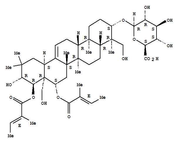 Molecular Structure of 154977-75-0 (b-D-Glucopyranosiduronic acid, (3b,4a,16b,21b,22a)-21,23,28-trihydroxy-16,22-bis[[(2E)-2-methyl-1-oxo-2-butenyl]oxy]olean-12-en-3-yl(9CI))
