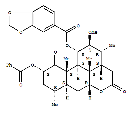 Molecular Structure of 155969-74-7 (Picrasane-1,16-dione,11-[(1,3-benzodioxol-5-ylcarbonyl)oxy]-2-(benzoyloxy)-12-methoxy-, (2a,11a,12b)- (9CI))
