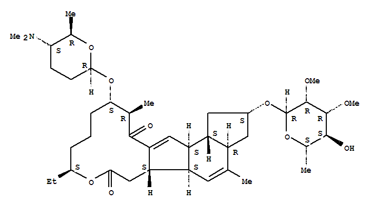 Molecular Structure of 159195-01-4 (1H-as-Indaceno[3,2-d]oxacyclododecin-7,15-dione,2-[(6-deoxy-2,3-di-O-methyl-a-L-mannopyranosyl)oxy]-13-[[(2R,5S,6R)-5-(dimethylamino)tetrahydro-6-methyl-2H-pyran-2-yl]oxy]-9-ethyl-2,3,3a,5a,5b,6,9,10,11,12,13,14,16a,16b-tetradecahydro-4,14-dimethyl-,(2S,3aR,5aS,5bS,9S,13S,14R,16aS,16bS)-)