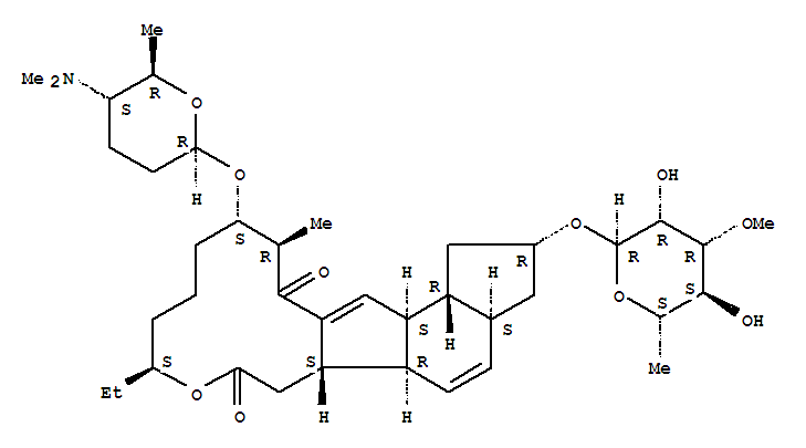 Molecular Structure of 159195-03-6 (1H-as-Indaceno[3,2-d]oxacyclododecin-7,15-dione,2-[(6-deoxy-3-O-methyl-a-L-mannopyranosyl)oxy]-13-[[(2R,5S,6R)-5-(dimethylamino)tetrahydro-6-methyl-2H-pyran-2-yl]oxy]-9-ethyl-2,3,3a,5a,5b,6,9,10,11,12,13,14,16a,16b-tetradecahydro-14-methyl-,(2R,3aS,5aR,5bS,9S,13S,14R,16aS,16bR)-)
