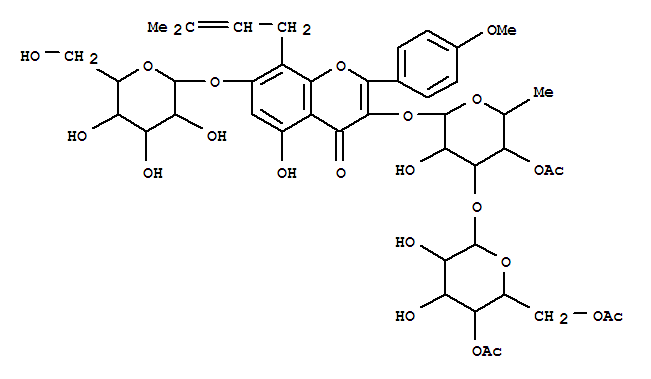 Molecular Structure of 159650-19-8 (4H-1-Benzopyran-4-one,3-[[4-O-acetyl-6-deoxy-3-O-(4,6-di-O-acetyl-b-D-glucopyranosyl)-a-L-mannopyranosyl]oxy]-7-(b-D-glucopyranosyloxy)-5-hydroxy-2-(4-methoxyphenyl)-8-(3-methyl-2-buten-1-yl)-)