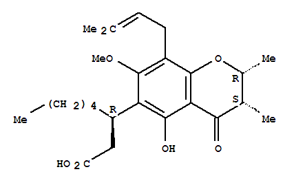 Molecular Structure of 17230-59-0 (2H-1-Benzopyran-6-propanoicacid,3,4-dihydro-5-hydroxy-7-methoxy-2,3-dimethyl-8-(3-methyl-2-buten-1-yl)-4-oxo-b-pentyl-, (bR,2R,3S)-)