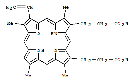 17468-11-0,2,7,12,18-Tetramethyl-8-vinyl-21H,23H-porphyrin-13,17-dipropionic acid,2,18-Porphinedipropionicacid, 3,8,13,17-tetramethyl-7-vinyl- (8CI); Pemptoporphyrin (7CI)