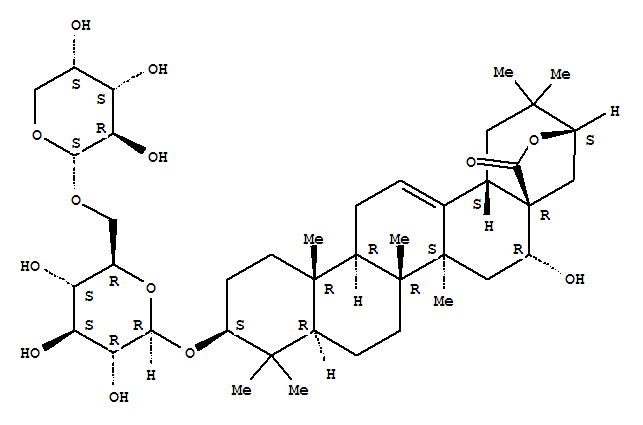 Molecular Structure of 190275-52-6 (Olean-12-en-28-oicacid, 3-[(6-O-a-L-arabinopyranosyl-b-D-glucopyranosyl)oxy]-16,21-dihydroxy-,g-lactone, (3b,16a,21b)- (9CI))