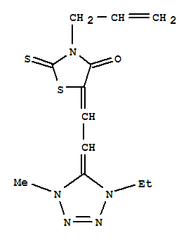 24738-19-0,3-allyl-5-[(1-ethyl-1,4-dihydro-4-methyl-5H-tetrazol-5-ylidene)ethylidene]-2-thioxothiazolidin-4-one,2,4-Thiazolidinedione,3-allyl-5-[(1-ethyl-4-methyl-2-tetrazolin-5-ylidene)ethylidene]-2-thio- (8CI);4-Thiazolidinone,5-[(1-ethyl-1,4-dihydro-4-methyl-5H-tetrazol-5-ylidene)ethylidene]-3-(2-propenyl)-2-thioxo-(9CI); Rhodanine,3-allyl-5-[2-(1-ethyl-4-methyl-2-tetrazolin-5-ylidene)ethylidene]- (6CI);3-Propenyl-5-[(1,4-dimethyldihydrotetrazolyl)ethylidene]rhodanine