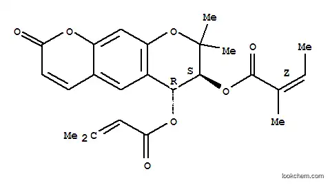 Molecular Structure of 51059-45-1 (2-Butenoic acid,2-methyl-,(6R,7S)-7,8-dihydro-8,8-dimethyl-6-[(3-methyl-1-oxo-2-butenyl)oxy]-2-oxo-2H,6H-benzo[1,2-b:5,4-b']dipyran-7-ylester, (2Z)- (9CI))