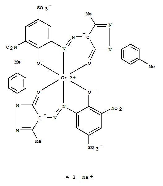 75214-57-2,Chromate(3-), bis[3-[[4,5-dihydro-3-methyl- 1-(4-methylphenyl)-5-oxo-1H-pyrazol-4-yl]azo] -4-hydroxy-5-nitrobenzenesulfonato(3-)]-, trisodium,Chromate(3-),bis[3-[[4,5-dihydro-3-methyl-1-(4-methylphenyl)-5-(oxo-kO)-1H-pyrazol-4-yl]azo-kN1]-4-(hydroxy-kO)-5-nitrobenzenesulfonato(3-)]-,trisodium (9CI); Chromate(3-),bis[3-[[4,5-dihydro-3-methyl-1-(4-methylphenyl)-5-oxo-1H-pyrazol-4-yl]azo]-4-hydroxy-5-nitrobenzenesulfonato(3-)]-,trisodium; Benzenesulfonic acid,3-[[4,5-dihydro-3-methyl-1-(4-methylphenyl)-5-oxo-1H-pyrazol-4-yl]azo]-4-hydroxy-5-nitro-,chromium complex