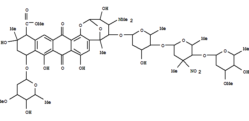 98805-73-3,2,6-Epoxy-2H-naphthaceno[1,2-b]oxocin-14-carboxylicacid, 11-[(2,6-dideoxy-3-O-methyl-a-L-lyxo-hexopyranosyl)oxy]-5-[(O-2,6-dideoxy-3-O-methyl-a-L-lyxo-hexopyranosyl-(1®4)-O-2,3,6-trideoxy-3-C-methyl-3-nitro-b-L-ribo-hexopyranosyl-(1®4)-2,6-dideoxy-a-L-lyxo-hexopyranosyl)oxy]-4-(dimethylamino)-3,4,5,6,9,11,12,13,14,16-decahydro-3,8,10,13-tetrahydroxy-6,13-dimethyl-9,16-dioxo-,methyl ester, (2R,3S,4S,5S,6R,11S,13S,14R)- (9CI),2,6-Epoxy-2H-naphthaceno[1,2-b]oxocin-14-carboxylicacid, 11-[(2,6-dideoxy-3-O-methyl-a-L-lyxo-hexopyranosyl)oxy]-5-[(O-2,6-dideoxy-3-O-methyl-a-L-lyxo-hexopyranosyl-(1®4)-O-2,3,6-trideoxy-3-C-methyl-3-nitro-b-L-ribo-hexopyranosyl-(1®4)-2,6-dideoxy-a-L-lyxo-hexopyranosyl)oxy]-4-(dimethylamino)-3,4,5,6,9,11,12,13,14,16-decahydro-3,8,10,13-tetrahydroxy-6,13-dimethyl-9,16-dioxo-,methyl ester, [2R-(2a,3b,4a,5a,6a,11b,13a,14a)]-; Antibiotic AG 2