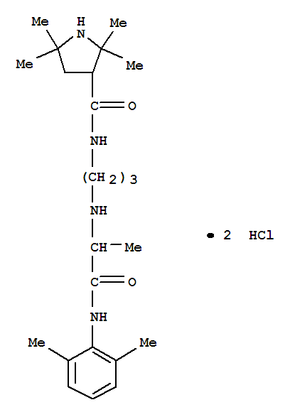 Molecular Structure of 102132-41-2 (3-Pyrrolidinecarboxamide,N-[3-[[2-[(2,6-dimethylphenyl)amino]-1-methyl-2-oxoethyl]amino]propyl]-2,2,5,5-tetramethyl-,hydrochloride (1:2))