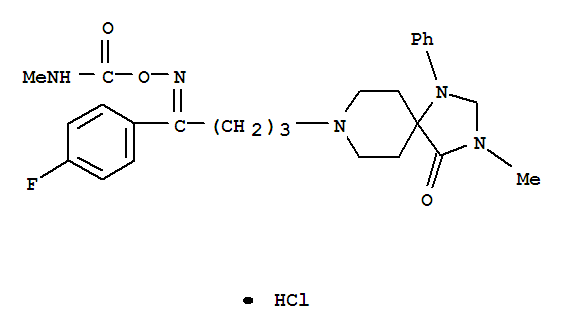 Molecular Structure of 102504-75-6 (1,3,8-Triazaspiro[4.5]decan-4-one,8-[4-(4-fluorophenyl)-4-[[[(methylamino)carbonyl]oxy]imino]butyl]-3-methyl-1-phenyl-,monohydrochloride (9CI))