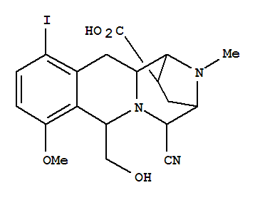 Molecular Structure of 118582-89-1 (8,11-Iminoazepino[1,2-b]isoquinoline-10-carboxylicacid,7-cyano-5,7,8,9,10,11,11a,12-octahydro-5-(hydroxymethyl)-1-iodo-4-methoxy-13-methyl-(9CI))
