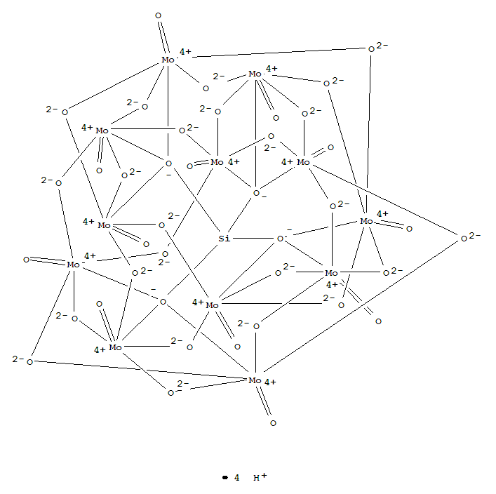 12027-12-2,12-MOLYBDOSILICIC ACID,Molybdate(4-),[m12-[orthosilicato(4-)-O:O:O:O':O':O':O'':O'':O'':O''':O''':O''']]tetracosa-m-oxododecaoxododeca-,tetrahydrogen; Molybdate(4-), [m12-[orthosilicato(4-)-kO:kO:kO:kO':kO':kO':kO'':kO'':kO'':kO''':kO''':kO''']]tetracosa-m-oxododecaoxododeca-, tetrahydrogen (9CI);Molybdosilicic acid (H4SiMo12O40) (7CI,8CI); Silicomolybdic acid (H4SiMo12O40)(6CI); Silicic acid (H4SiO4), molybdenum complex; 12-Molybdosilicic acid;12-Molybdosilicic acid (H4(SiMo12O40)); Molybdosilicic acid (H4Mo12O40Si);Molybdosilicic acid (H4Mo12SiO40); Silicomolybdic acid