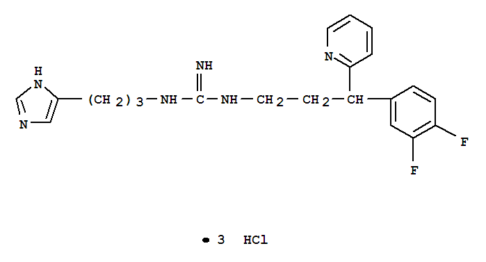 Molecular Structure of 121598-31-0 (Guanidine,N-[3-(3,4-difluorophenyl)-3-(2-pyridinyl)propyl]-N'-[3-(1H-imidazol-5-yl)propyl]-,hydrochloride (1:3))