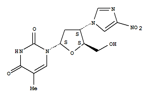 Molecular Structure of 132149-46-3 (2,4(1H,3H)-Pyrimidinedione,1-[2,3-dideoxy-3-(4-nitro-1H-imidazol-1-yl)-a-D-erythro-pentofuranosyl]-5-methyl-)