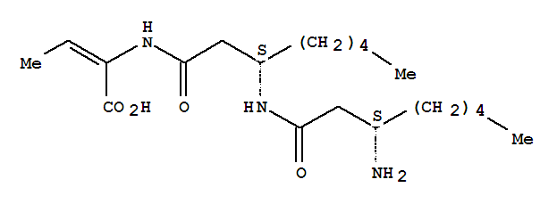 Molecular Structure of 138146-66-4 (2-Butenoic acid,2-[[(3S)-3-[[(3S)-3-amino-1-oxooctyl]amino]-1-oxooctyl]amino]-)