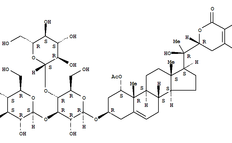 Molecular Structure of 141888-75-7 (Ergosta-5,24-dien-26-oicacid, 1-(acetyloxy)-3-[(O-b-D-glucopyranosyl-(1®3)-O-[b-D-glucopyranosyl-(1®4)]-b-D-glucopyranosyl)oxy]-20,22-dihydroxy-, d-lactone, (1a,3b,22R)- (9CI))