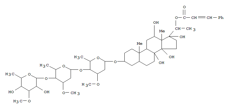 Molecular Structure of 149155-32-8 (Pregnane-8,12,14,17,20-pentol,3-[(O-6-deoxy-3-O-methyl-b-D-allopyranosyl-(1®4)-O-2,6-dideoxy-3-O-methyl-b-D-arabino-hexopyranosyl-(1®4)-2,6-dideoxy-3-O-methyl-b-D-ribo-hexopyranosyl)oxy]-, 20-[(2E)-3-phenyl-2-propenoate], (3b,5a,12b,14b,17a,20S)- (9CI))