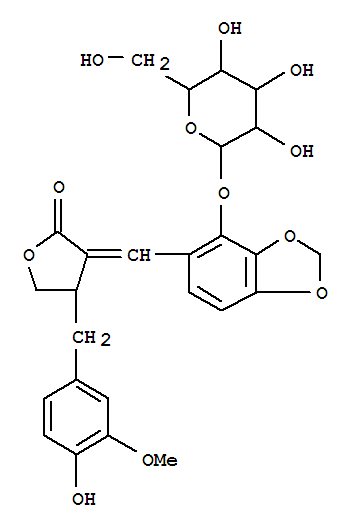 Molecular Structure of 161996-40-3 (2(3H)-Furanone, 3-[[4-(b-D-glucopyranosyloxy)-1,3-benzodioxol-5-yl]methylene]dihydro-4-[(4-hydroxy-3-methoxyphenyl)methyl]-,(3E,4R)- (9CI))