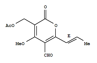 Molecular Structure of 168434-84-2 (2H-Pyran-5-carboxaldehyde,3-[(acetyloxy)methyl]-4-methoxy-2-oxo-6-(1E)-1-propen-1-yl-)
