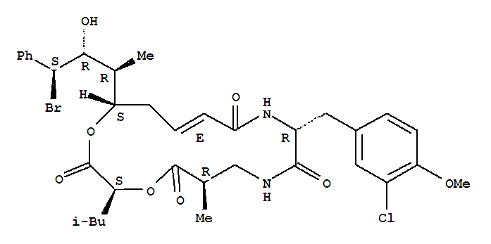 Molecular Structure of 171204-86-7 (Pentanoic acid,N-[(2E,5S,6R,7R,8S)-8-bromo-5,7-dihydroxy-6-methyl-1-oxo-8-phenyl-2-octenyl]-3-chloro-O-methyl-D-tyrosyl-(2R)-2-methyl-b-alanyl-2-hydroxy-4-methyl-, (3®15)-lactone, (2S)- (9CI))