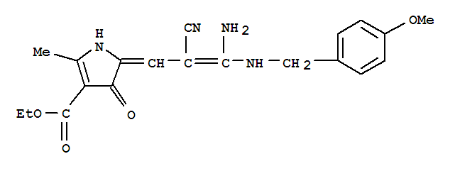 171853-00-2,ethyl (5E)-5-{(2Z)-3-amino-2-cyano-3-[(4-methoxybenzyl)amino]prop-2-en-1-ylidene}-2-methyl-4-oxo-4,5-dihydro-1H-pyrrole-3-carboxylate,1H-Pyrrole-3-carboxylicacid,5-[3-amino-2-cyano-3-[[(4-methoxyphenyl)methyl]amino]-2-propenylidene]-4,5-dihydro-2-methyl-4-oxo-,ethyl ester (9CI)