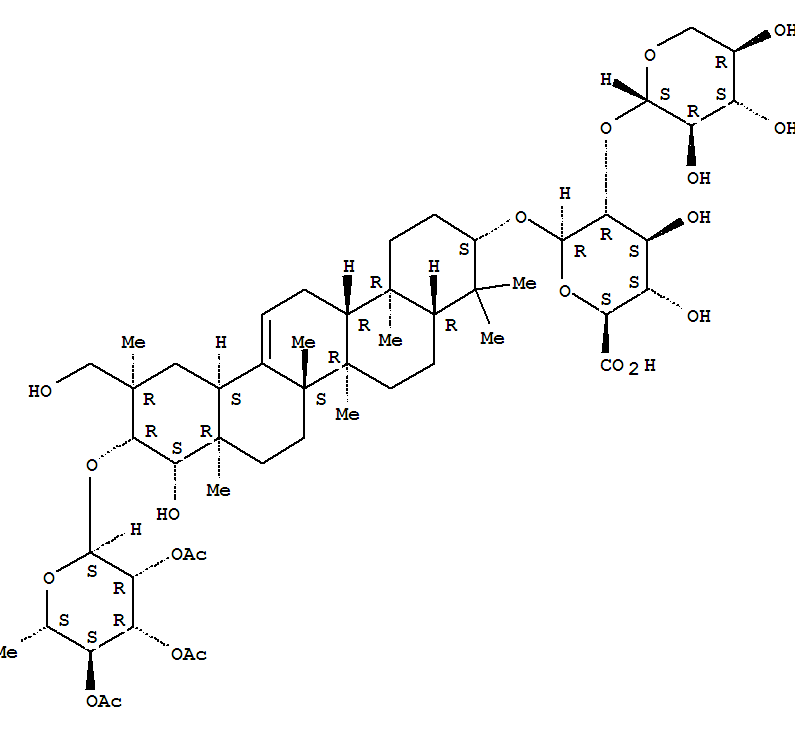 Molecular Structure of 184840-39-9 (b-D-Glucopyranosiduronic acid, (3b,20a,21b,22b)-22,29-dihydroxy-21-[(2,3,4-tri-O-acetyl-6-deoxy-a-L-mannopyranosyl)oxy]olean-12-en-3-yl2-O-b-D-xylopyranosyl- (9CI))