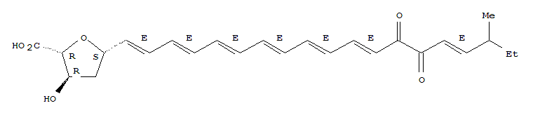 Molecular Structure of 185846-15-5 (2-Furancarboxylic acid,tetrahydro-3-hydroxy-5-[(1E,3E,5E,7E,9E,11E,15E)-17-methyl-13,14-dioxo-1,3,5,7,9,11,15-nonadecaheptaen-1-yl]-,(2R,3R,5S)-rel-)