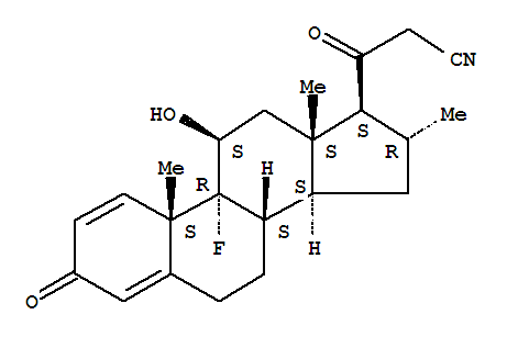 Molecular Structure of 194413-69-9 (Pregna-1,4-diene-21-carbonitrile,9-fluoro-11-hydroxy-16-methyl-3,20-dioxo-, (11b,16a)-)