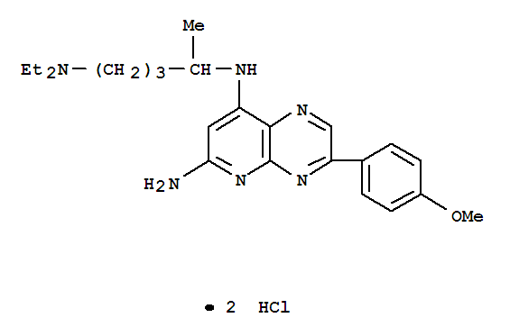 28642-80-0,N~8~-[5-(diethylamino)pentan-2-yl]-3-(4-methoxyphenyl)pyrido[2,3-b]pyrazine-6,8-diamine,Pyrido[2,3-b]pyrazine,6-amino-8-[[4-(diethylamino)-1-methylbutyl]amino]-3-(p-methoxyphenyl)-,dihydrochloride (8CI); NSC 125703