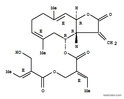 Molecular Structure of 72055-91-5 ((E)-2-(Hydroxymethyl)-2-butenoic acid [(E)-2-[[(3aR,4R,6E,10E,11aR)-2,3,3a,4,5,8,9,11a-octahydro-6,10-dimethyl-3-methylene-2-oxocyclodeca[b]furan-4-yl]oxycarbonyl]-2-butenyl] ester)