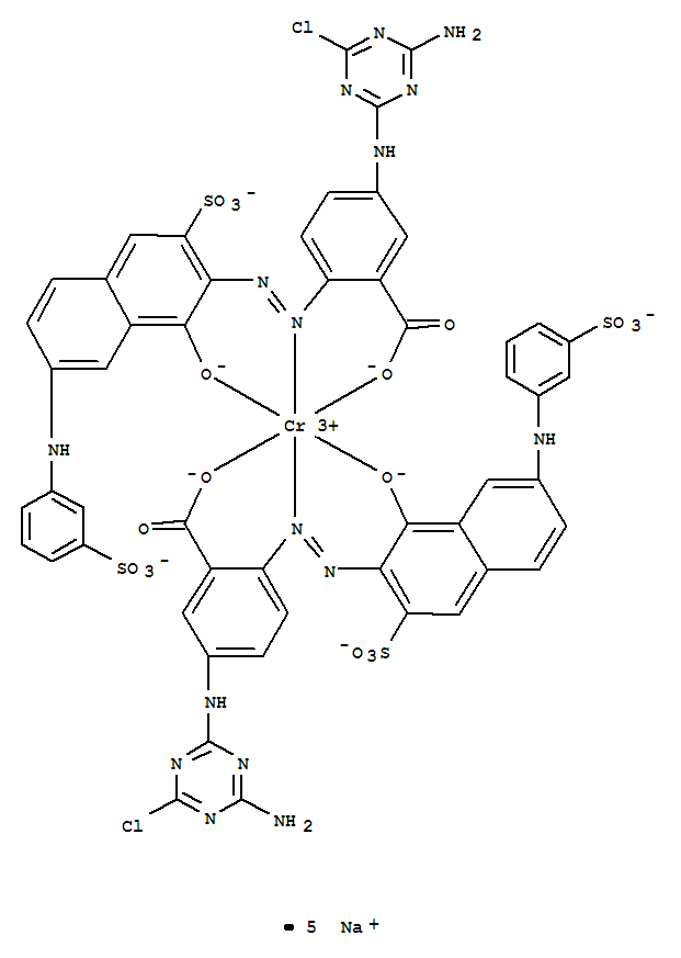 72928-72-4,Chromate(5-),bis[5-[(4-amino-6-chloro-1,3,5-triazin-2-yl)amino]-2-[2-[1-(hydroxy-kO)-3-sulfo-7-[(3-sulfophenyl)amino]-2-naphthalenyl]diazenyl-kN1]benzoato(4-)-kO]-, sodium (1:5),Chromate(5-),bis[5-[(4-amino-6-chloro-1,3,5-triazin-2-yl)amino]-2-[[1-hydroxy-3-sulfo-7-[(3-sulfophenyl)amino]-2-naphthalenyl]azo]benzoato(4-)]-,pentasodium (9CI); Benzoic acid, 5-[(4-amino-6-chloro-1,3,5-triazin-2-yl)amino]-2-[[1-hydroxy-3-sulfo-7-[(3-sulfophenyl)amino]-2-naphthalenyl]azo]-,chromium complex