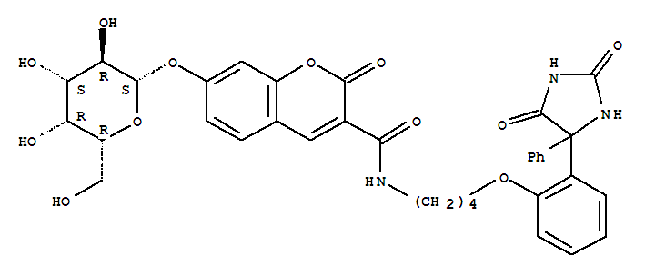 73304-29-7,N-[4-[2-(2,5-dioxo-4-phenylimidazolidin-4-yl)phenoxy]butyl]-7-(beta-D-galactopyranosyloxy)-2-oxo-2H-1-benzopyran-3-carboxamide,N-[4-[2-(2,5-dioxo-4-phenylimidazolidin-4-yl)phenoxy]butyl]-7-(beta-D-galactopyranosyloxy)-2-oxo-2H-1-benzopyran-3-carboxamide