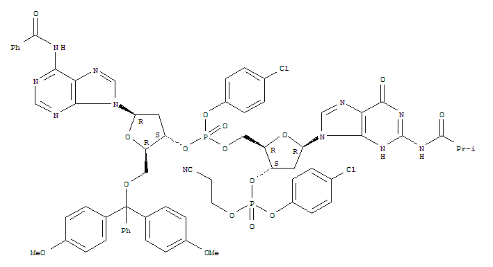 3'-Guanylic acid,N-benzoyl-5'-O-[bis(4-methoxyphenyl)phenylmethyl]-P-(4-chlorophenyl)-2'-deoxyadenylyl-(3'?5')-2'-deoxy-N-(2-methyl-1-oxopropyl)-,4-chlorophenyl 2-cyanoethyl ester (9CI)