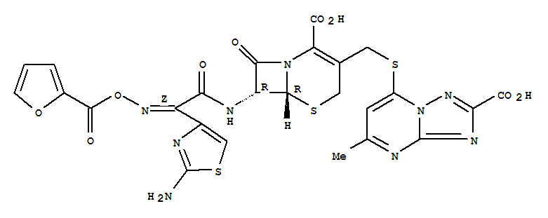 Molecular Structure of 99951-29-8 (5-Thia-1-azabicyclo[4.2.0]oct-2-ene-2-carboxylicacid,7-[[(2Z)-(2-amino-4-thiazolyl)[[(2-furanylcarbonyl)oxy]imino]acetyl]amino]-3-[[(2-carboxy-5-methyl[1,2,4]triazolo[1,5-a]pyrimidin-7-yl)thio]methyl]-8-oxo-,(6R,7R)- (9CI))