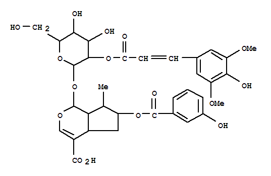 Molecular Structure of 100648-42-8 (Cyclopenta[c]pyran-4-carboxylicacid,1,4a,5,6,7,7a-hexahydro-6-[(3-hydroxybenzoyl)oxy]-1-[[2-O-[(2E)-3-(4-hydroxy-3,5-dimethoxyphenyl)-1-oxo-2-propenyl]-b-D-glucopyranosyl]oxy]-7-methyl-,(1S,4aS,6R,7R,7aS)- (9CI))